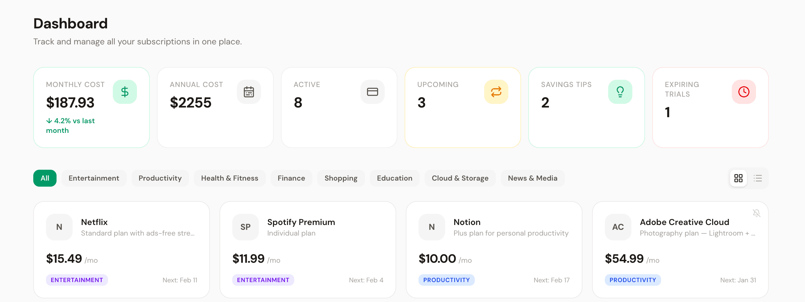 SubsTrack dashboard showing subscription tracking with spending metrics and subscription cards